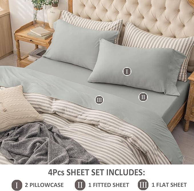 PURE ERA Jersey Knit 4pc Bed Sheet Set 100% T-Shirt Cotton Super Soft Comfy Breathable Fits Mattress Up to 20" Extra Deep Pocket (Solid Light Grey, Queen)