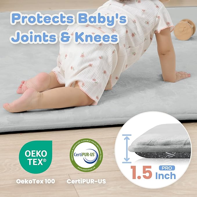 1.5" Thick Baby Play Mat for Floor, 59x79 Playpen Mat, Pro Soft Flannel Foam Mats Toddler Infant Kids Crawling for Nursery Rug Playroom Living Room Waterproof Easy Care Non-Slip (Light Grey)