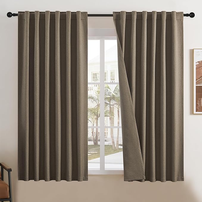 DUALIFE Brown Curtains 63 Inch Long 2 Panels Set-Back Tab and Rod Pocket Room Darkening Thermal Insulated Linen Textured Blackout Curtains Drapes?50" W x 63" L