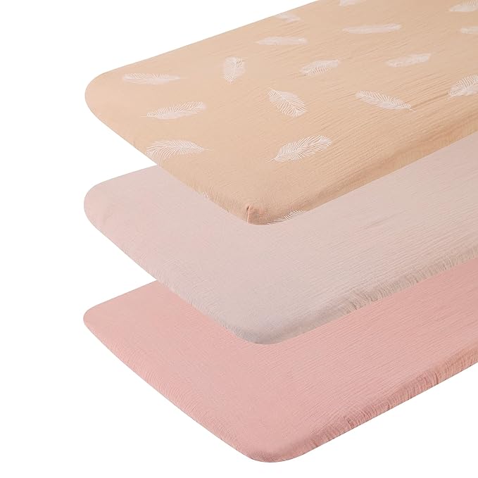 Onacosht Muslin Bassinet Sheets 3 Pack, 100% Cotton Baby Fitted Sheet 33" X 17" for Standard Rectangle Round Oval and Hourglass Bassinet Mattress, Pink and Feather