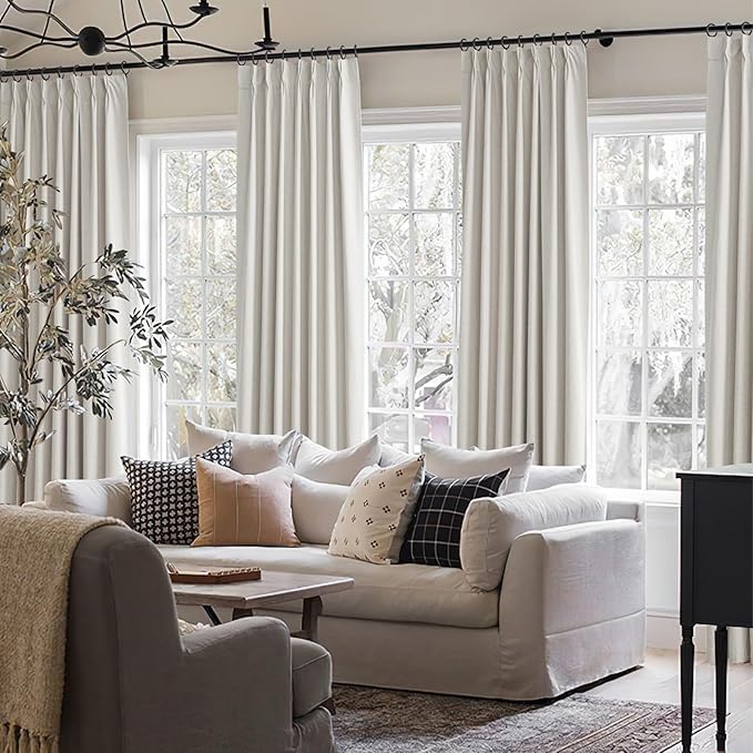 Beige Linen Blackout Curtains 96 Inches Long, Pinch Pleated Elegant Thermal 8ft for Living Room Sliding Glass Door Burg Floor to Ceiling Track Window Drapes Heathered 2 Panels