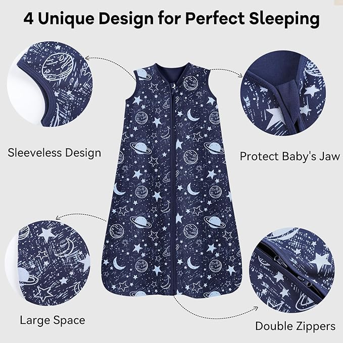 Unnivoll Baby Sleep Sack 0-6 Months 3 Pack 100% Cotton Lightweight 0.5 TOG Wearable Blanket Baby Sleep Bag with 2-Way Zipper for Newborn Infant Blue