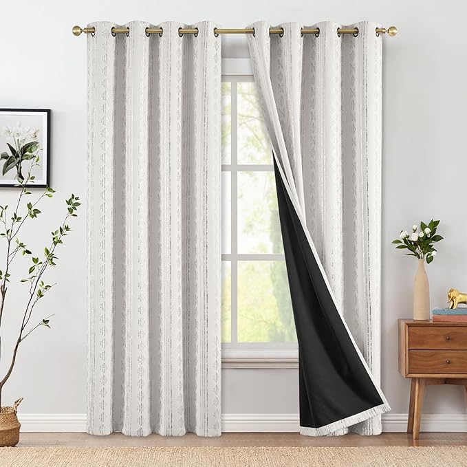 jinchan 95% Blackout Boho Curtains 84 Inches Long for Bedroom Living Room Silver Geometric Foil Printed Curtain Grommet Top Room Darkening Drapes Off White 52 x 84 2 Panels
