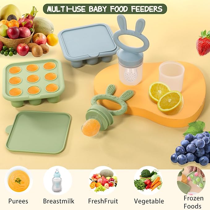 WAJIAYON Easter Bunny Baby Breastmilk Popsicle Molds & Baby Fruit Feeder,Infant Food Freezer Tray Storage Containers, Silicone Teething Pacifier Feeder and Teether for Babies,Silicone Feeder