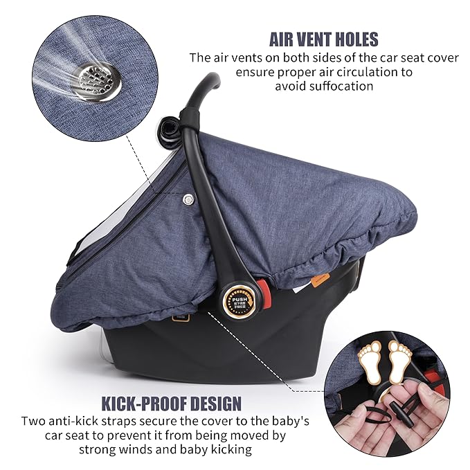 Rquite Car Seat Cover Baby, Carseat Covers Boy Girl, 2 Layers Window -Breathable Mesh & Wind/Sun Shade, Infant Car Seat Canopy Baby Carrier/Stroller Cover, Fit Spring, Fall, Winter, Cold Weather