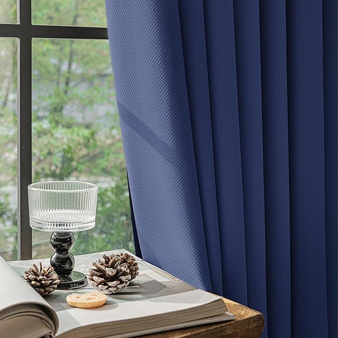 FMFUNCTEX 100% Blackout Curtains for Bedroom, Navy Blue Curtains 90 Inches Long Textured Thermal Insulated Curtains for Living Room Drapes, Black Out Drapery Grommet Room Darkening 2 Panels