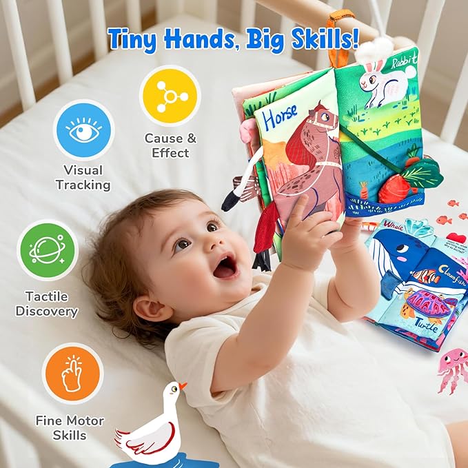 JoyCat 2-Pack Baby Cloth Books 0-6-12 Months - Farm & Ocean Infant Sensory Toys - Tummy Time Mirror & Montessori Developmental Learning - Valentine & Easter Basket Stuffers Gift Set