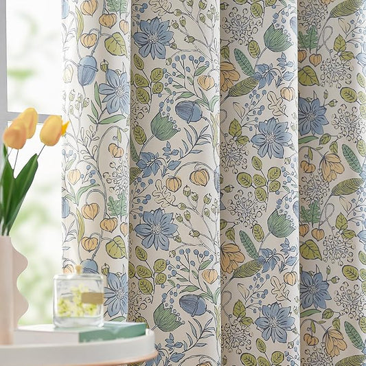 jinchan Nursery Curtains 95% Blackout Blue Floral Curtains for Kids Room, 63 Inch Length Farmhouse Drapes for Bedroom Living Room Darkening Window Treatment Grommet Top Set of 2 Panels