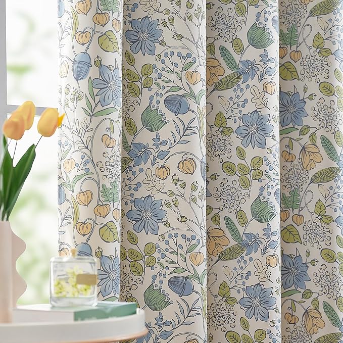 jinchan Nursery Curtains 95% Blackout Blue Floral Curtains for Kids Room, 96 Inch Length Farmhouse Drapes for Bedroom Living Room Darkening Window Treatment Grommet Top Set of 2 Panels