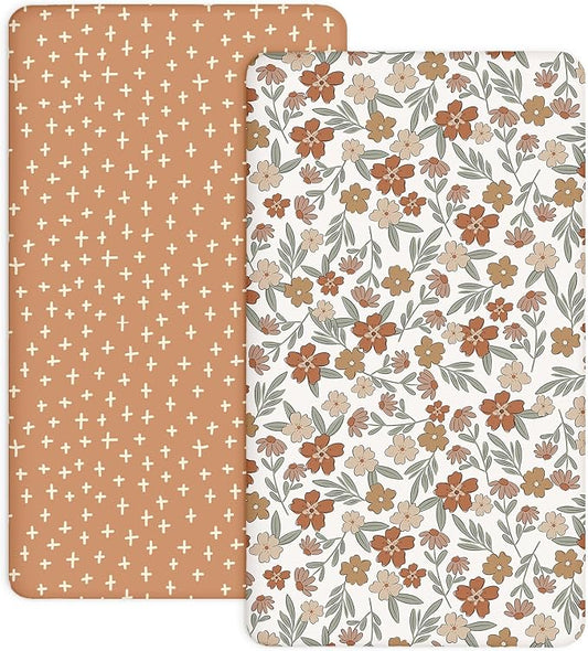 Pack and Play Sheets 2 Pack, Fitted Jersey Knit Mini Crib Sheets for Baby Boys and Girls, Compatible with Graco Pack N Play and Mini Crib Mattress (Rusty Garden, Pack N Play/Mini Crib Sheets)