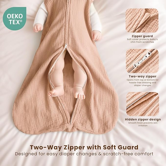 Konssy Muslin Baby Sleep Sack 6-12 Months 0.8 TOG, 2 Pack 100% Cotton Wearable Blanket for Babies, 2-Way Zipper Breathable Sleeping Sack Infant Toddler Essentials for Girls and Boys (Flourish, Toffee)