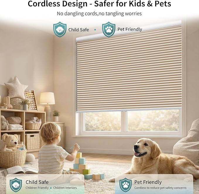 MYshade Cordless Blackout Cellular Shades for Windows, Honeycomb Window Shades with Thermal Insulation, Child & Pet Safe Room Darkening Shade, Easy Install, 23" W x 64" H, Beige