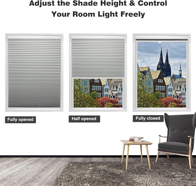 MYshade Cordless Blackout Cellular Shades for Windows, Honeycomb Window Shades with Thermal Insulation, Child & Pet Safe Room Darkening Shade, Easy Install, 27" W x 36" H, Grey