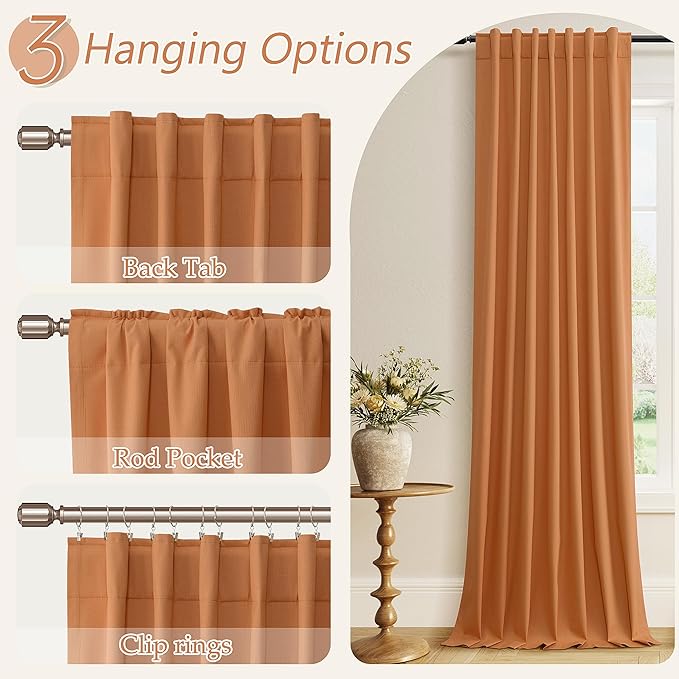 Guken Orange 100% Blackout Curtains 108 Inch Length 2 Panels Set for Living Room Bedroom Back Tab Thermal Insulated Black Out Linen Drapes Room Darkening Window Curtains 52x108