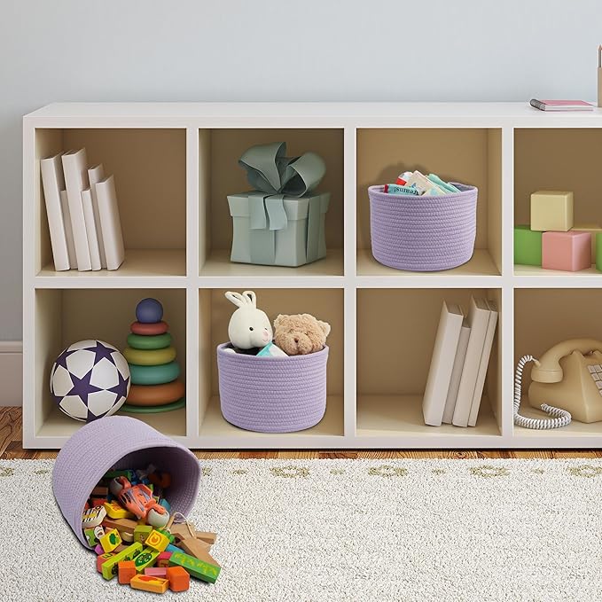 Small round Storage Basket - 3-Pack Round Cube Bins (10x10x7'') for Shelves, Closets & Bookcases | Durable Rope Organizers for Nursery, Baby, Toys, Easter & More (purple)