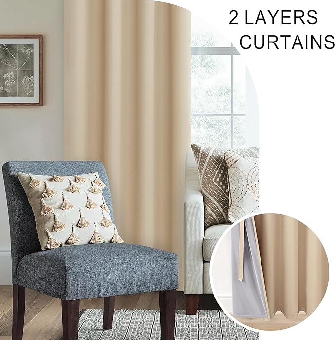 XWZO Total Blackout Curtains for Bedroom- Thermal Insulated, Noise Reducing and Heat Blocking Drapes for Hall and Studio Windows with Tiebacks, Biscotti Beige, W60 x L63, Set of 2