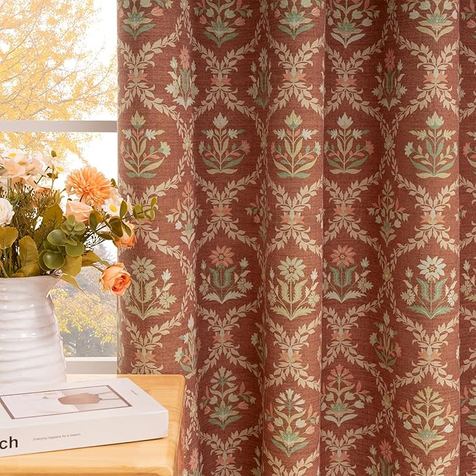 ColorBird Blackout Thermal Curtains for Winter Insulated Burnt Orange Block Print Floral Patterned Farmhouse Vintage Drapes 63 Inch Drapes for Bedroom Living Dining Room Window Treatments