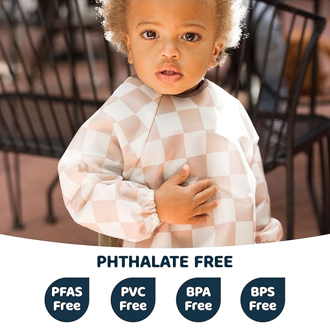 Tiny Twinkle Long Sleeve Bib for Babies & Toddlers | Waterproof Smock Bib for Eating | Machine Washable & Mess-Proof Feeding Essentials | Newborn Shower Gift (Checkers Brown, 6–24M)