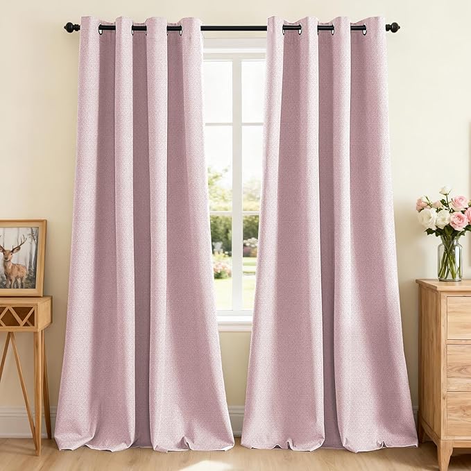 PrinceDeco 100% Blackout Curtains for Bedroom 84 Inches Length 2 Panels Set, Grommet Living Room Drapes, Thermal Insulated Blackout Curtains,Jacquard-Woven,55" W x84 L, Baby Pink