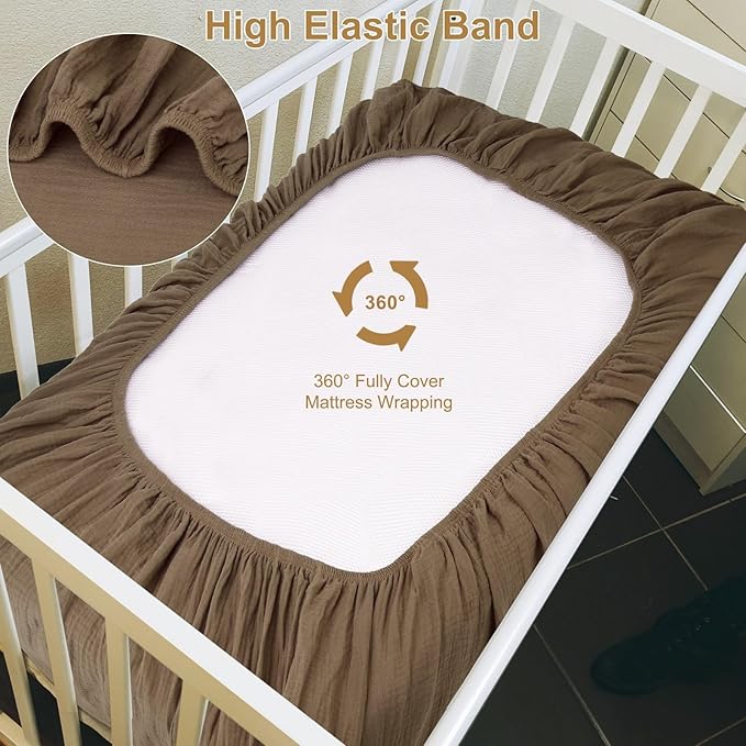 PET REJOIR 2 Pack Muslin Fitted Crib Sheets for Baby Girls & Boys-Neutral Breathable Crib Mattress Protector for Standard Crib Mattress(28"x 52")-Soft No Slip Cotton Bedding-Taupe Brown & Light Beige