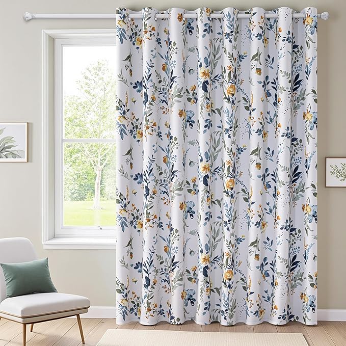 MYSKY HOME Floral Curtains 1 Panel Living Room Darkening Curtains Thermal Insulated Light Blocking Drapes for Bedroom Living Room (Customsize, Yellow and Blue)