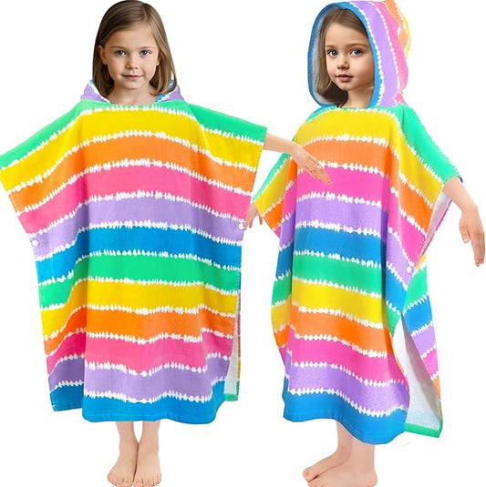 VOOVA & MOVAS Kids Poncho Towels with Hood (4-8Years), Absorbent Lightweight Hooded Beach Towel for Pool | Swim | Bath, Color Stripe