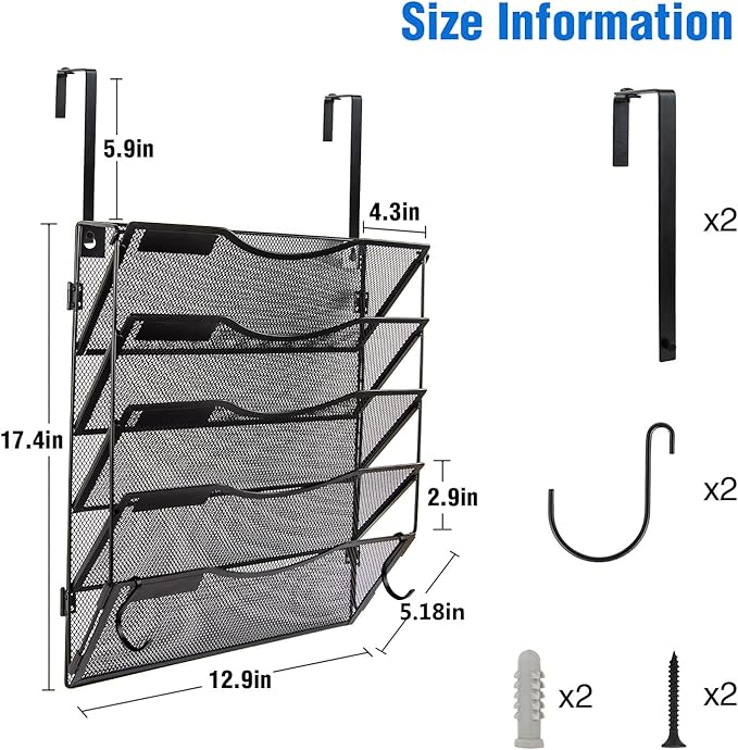 Wall File Organizer 5 Pockets, Mail Organizer, Hanging Folder Holder, Foldable | Hanging or Wall Mounted | Label Panel | 2 Hooks | Office Home School Organizer, Black