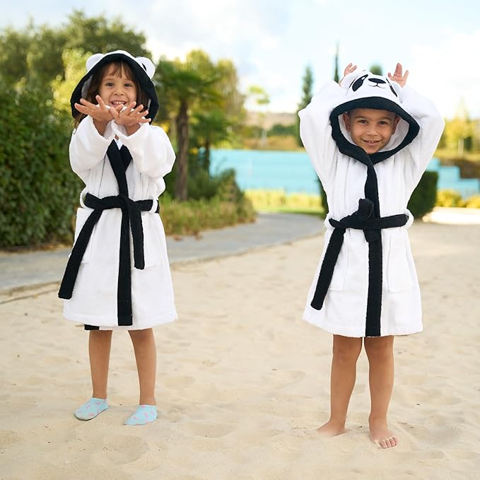 BAGNO MILANO Kids Organic Turkish Cotton Hooded Beach Cover-Up Towel, GOTS Certified, for Boys and Girls (Panda White, 5-6 Years)