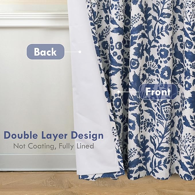 DriftAway Julia Watercolor Blackout Room Darkening Lined Thermal Insulated Energy Saving Window Curtains 2 Layers 2 Panels Each Size 52 Inch by 84 Inch Navy Blue Beige Linen