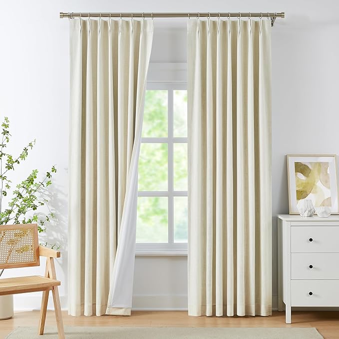 WEST LAKE 95 Inches Long Pinch Pleated Full Blackout Curtains with Liners,Ivory Pearl Rustic Textured Fabric Drapes for Traverse Rod and Track,Energy Efficient Window Treatment for Bedroom,40"Wx95"Lx2