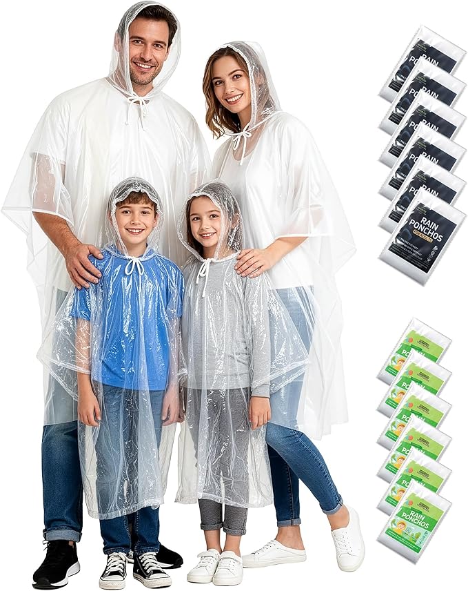 Hitituto Rain Ponchos Family Pack Kids– 6/12/24 Pack Disposable Poncho with Hood, Clear & Assorted Colors, Home Survival Kits