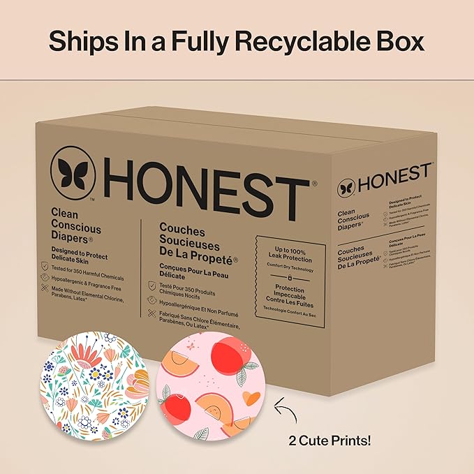 The Honest Company Comfort Dry Disposable Diapers for Sensitive Skin, Hypoallergenic, Just Peachy + Flower Power, Super Club Box Size 3 (16–28 lbs) 120 Count