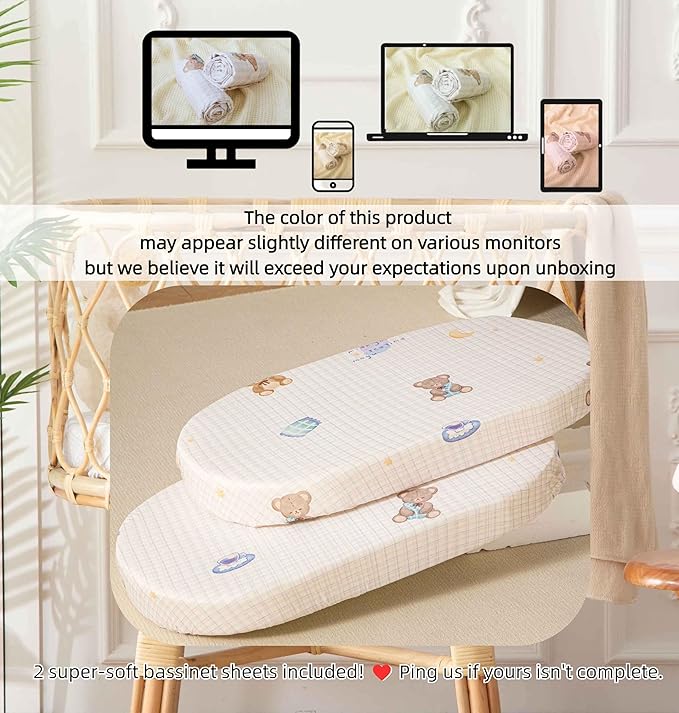 SDY Jersey Bassinet Sheets for Baby Girls,32 "x 16 "x 4", Pink Kawaii Bear Standard Oval/Retangle Bassinet Mattress Sheets for Toddler,Super Soft Breathable