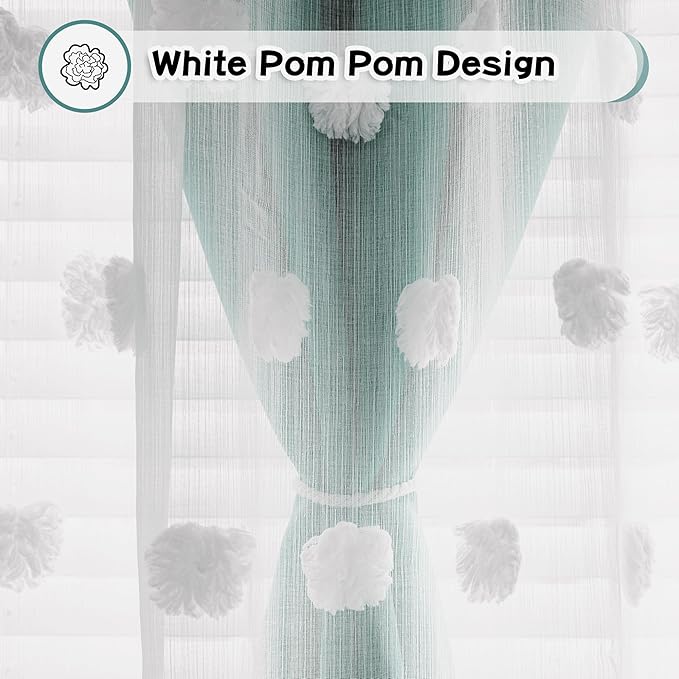 MYSKY HOME Teal Curtains for Kids Room Nursery Curtains 72 Inches Long for Girls Bedroom Double Layer Curtains White Pom Pom Sheer Curtains for Dining Room Grommet Room Darkening Panels W52 X L72