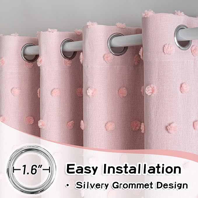 MYSKY HOME 90 Inches Long Curtains with Pink Pom Pom Sheer Nursery Curtain Girl Blackout Drapes for Kids Bedroom Double Layer Room Darkening Window Panels for Toddler Grommet, Pink, 52" Wide, 2 Pieces