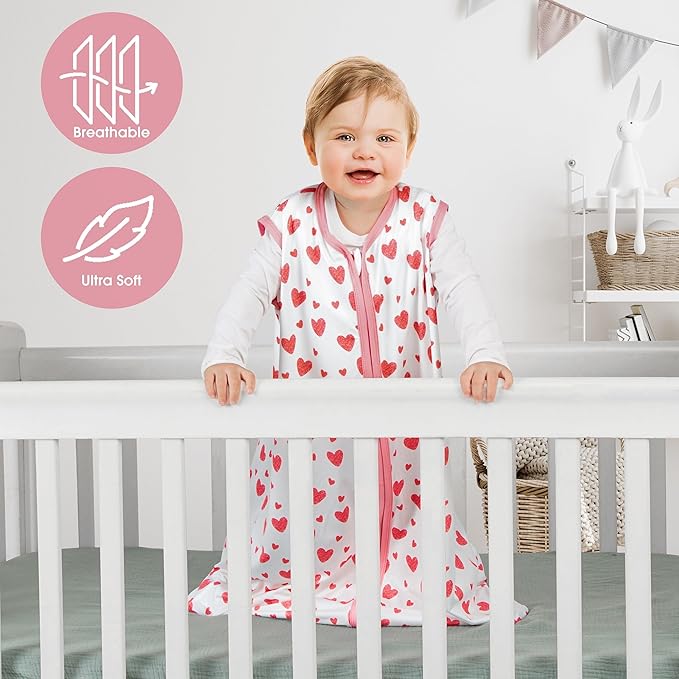 BSTOPPT 3 Pack Baby Sleep Sack 18-24 Months 100% Rayon Cotton Baby Sleeping Bag 2-Way Zipper Toddler Wearable Blankets Comfy Stretchy Lightweight TOG 0.3 （Heart&Pink&Floral）