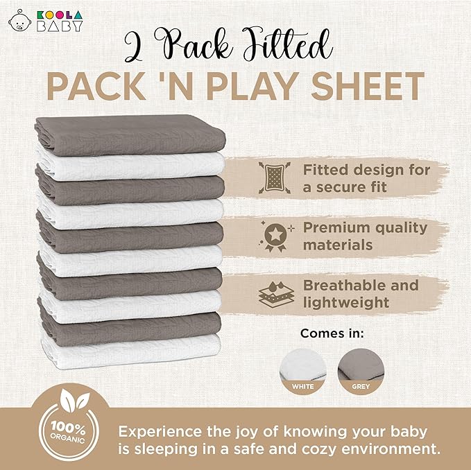 Pack and Play Sheets Fitted - Portable Mini Crib Mattress Sheet for Boys & Girls - Soft Muslin Cotton Playard Sheets - Play Yard Mattress Cover - Fits Most Pack n Play - Safe and Snug for Baby 2 Pack