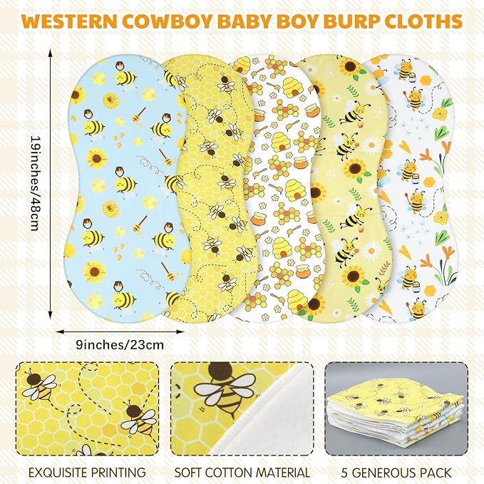 SmoothNovelty 5 Pack Bee Pattern Baby Burp Cloths Soft Absorbent Burping Rags for Newborns 19"x9" Spit up Cloths for Boy Girl Newborn Baby Shower Registry Gifts Set Nursery Decor