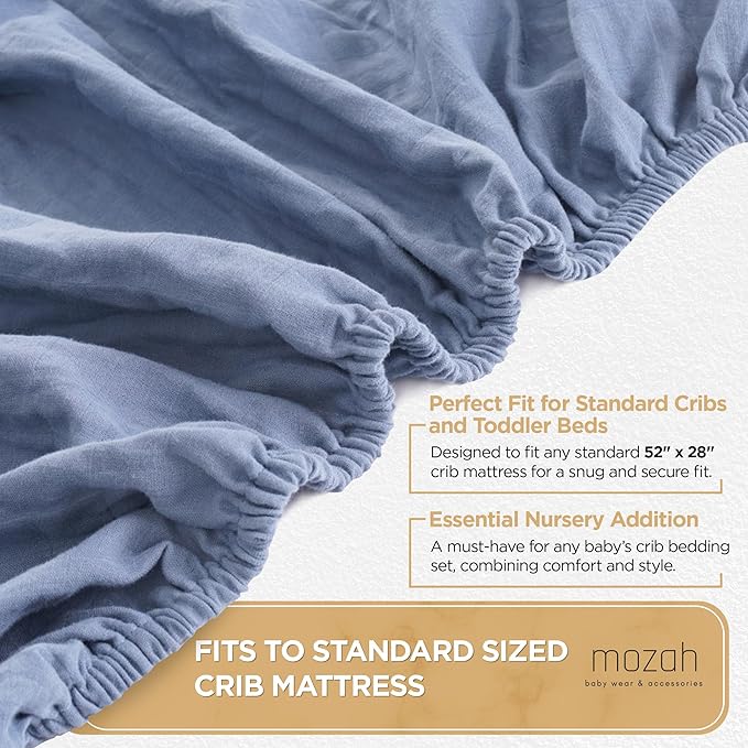 MOZAH Organic Muslin Crib Sheets, Soft and Breathable Bedding for Baby Girls or Boys, Snug Fitted Sheet for Standard Cribs & Toddler Mattresses, 2 Pack, Blue