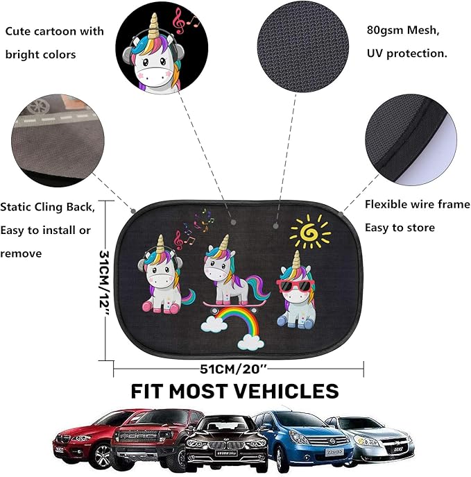 Car Sun Shade for Baby Kids 2 Pack Static Cling Side Window Car 80GSM Rear Sunshades Universal with 8 Suction Cups and Storage Bag - Sun Glare and UV Rays Protection (Unicorn)