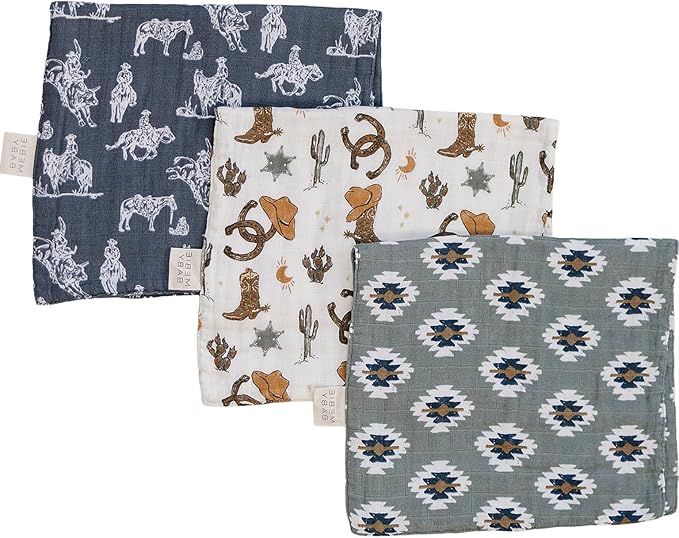 Mebie Baby Burp Cloths, Outlaw Cowboy, Muslin Burp Cloth Set for Spit Up, Drool, and More, Boho Burp Cloths for Baby Boy and Girl, Baby Must Haves for Registry Lists and Gifts for Newborns