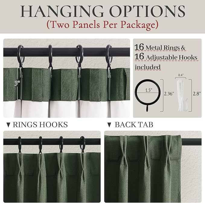 Lush Decor 120 Inch/10ft Long Insulated Back Tab Pinch Pleated Curtains, Linen Olive Green Linen Blackout Window Drapes 2 Panels, Room Darkening Extra Long Tall Curtains for Living Room