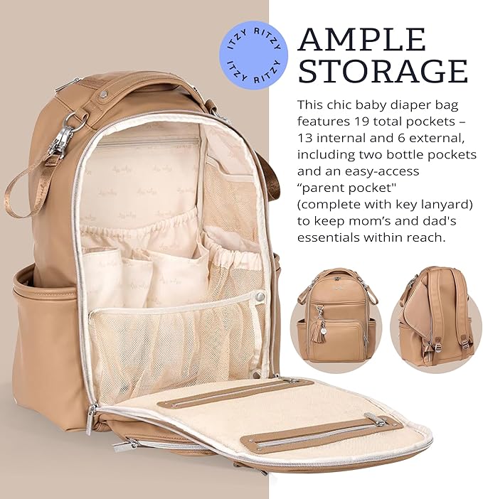 Itzy Ritzy Diaper Bag Backpack – Large Capacity Boss Plus Baby Backpack Diaper Bag Featuring 19 Pockets, Changing Pad, Stroller Clips, and Comfortable Straps (Chai)