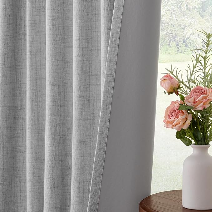 INOVADAY 100% Blackout Curtains for Bedroom, Black Out Curtains 72 Inch Long, Clip Rings Linen Blackout Drapes, Thermal Insulated Room Darkening for Living Room, 2 Panels - Grey,W50xL72