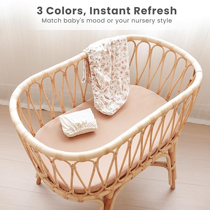 Konssy 3 Pack Stretchy Bassinet Sheets for Baby Girl Boy, Soft Breathable Baby Bassinet Mattress Sheets Fit for Hourglass Oval Cradle, Moses Basket Rectangle Mattress (Flourish)