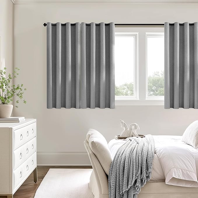 ChrisDowa 100% Blackout Grey Solid Curtains 45 Inches Long 2 Panels for Bedroom Living Room,Farmhouse Room Darkening Thermal Insulated Soundproof Grommet Top Window Treatment Drapes,52x45