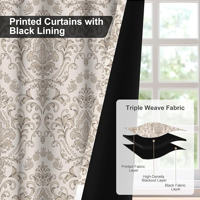 Bedroom Curtains 84 Inches Long, Blackout Curtains for Living Room Darkening, Vintage Damask Pattern Beige Curtain 2 Panels Set, Grommet Thermal Privacy Black Out Window Drapes for Bedroom Nursery