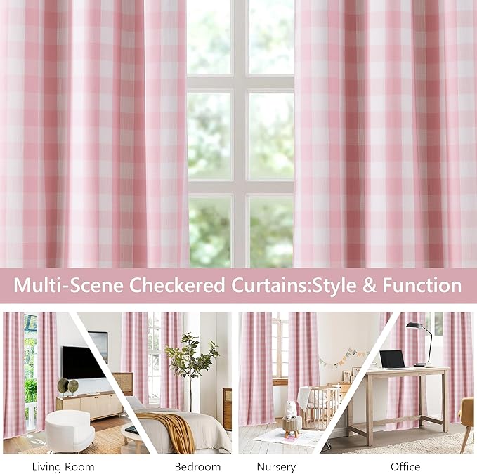 Amzdecor Buffalo Plaid Full Blackout Curtains Checkered GEO Thermal Insulated Energy Efficient Drapes Grommet 2 Layers Window Treatment for Girls Room Bedroom Living Room,2 Panels,40"x90",Pink & White
