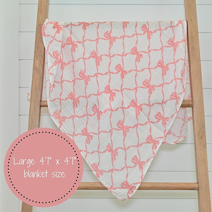 LollyBanks Muslin Swaddle Blankets 2PACK, 100% Cotton Baby Blanket 47 x 47 Inches, Large Baby Swaddle Breathable, Muslin Blankets for Girls (Pink Bow and Chinoiserie Print)
