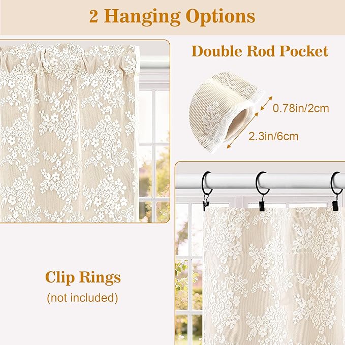 Yinhua Beige Kitchen Curtains 36 Inch Length Double Layer Blackout Cafe Curtains with Floral Sheer Overlay Rod Pocket Short Curtain for Windows, Small Window Curtain for Bathroom Living Room, 2 Panels